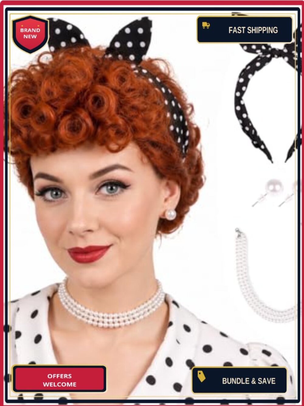 FantaLook Light Auburn Wig Set with Headband Earrings Necklace Cosplay Halloween